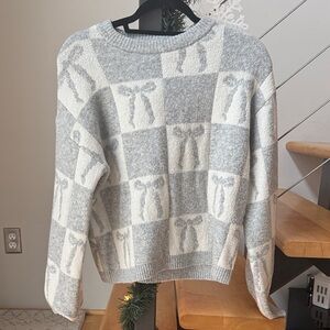 Gray and Cream Checkered Sweater with Bows